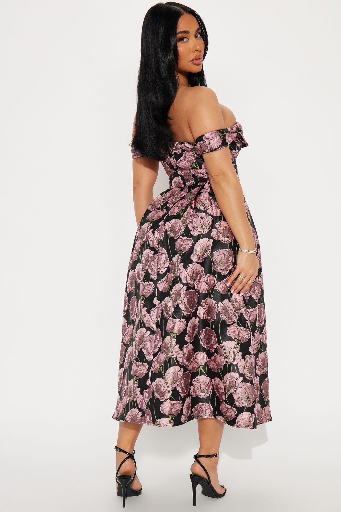 Beautiful Bloom Jacquard Midi Dress - Black/Pink Product Image