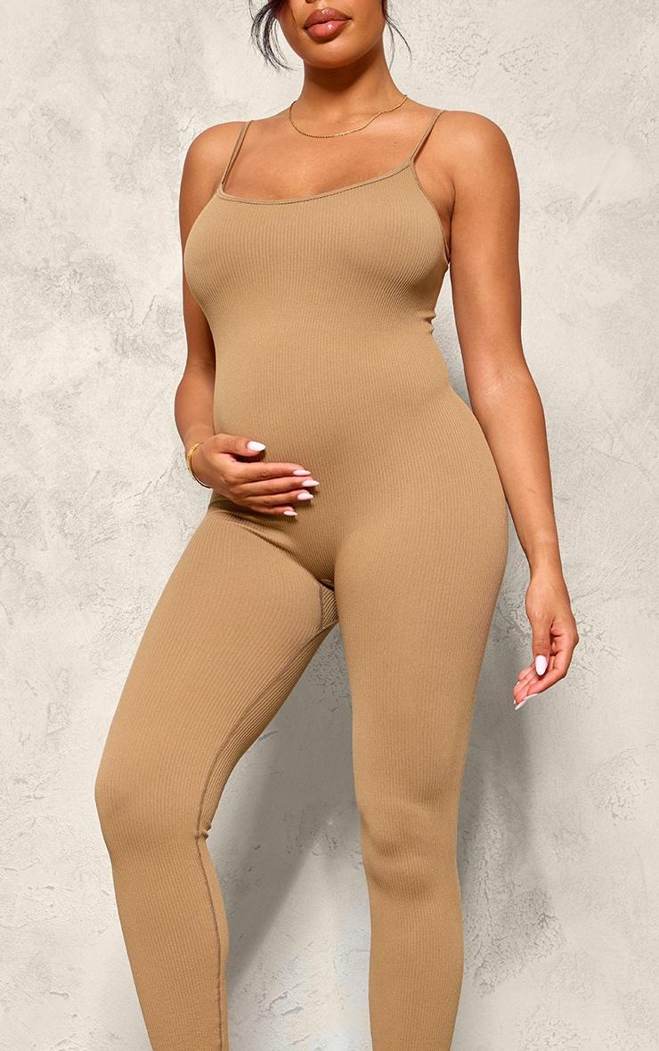 Maternity Brown Strappy Snatched Ribbed Jumpsuit Product Image