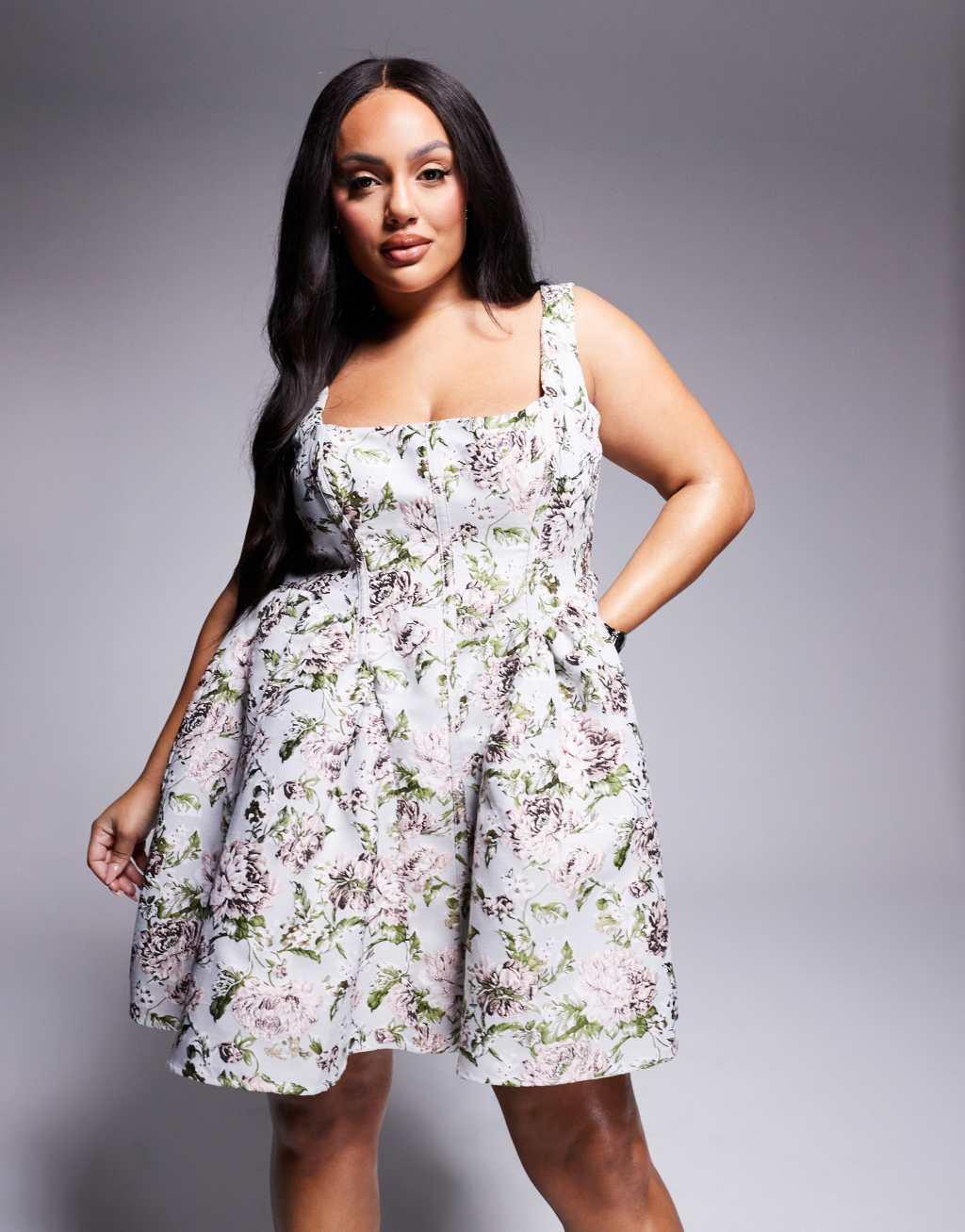 ASOS LUXE Curve jacquard cinched waist skater mini dress with bow back in vintage floral Product Image