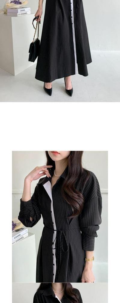 Long-Sleeve Pinstriped Contrast Trim Button-Up Midi A-Line Dress Product Image