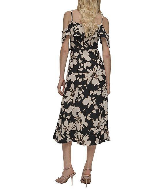 DKNY by Donna Karan Crepe Floral Print V Neck Sleeveless Ruffle Sheath Midi Dress Product Image