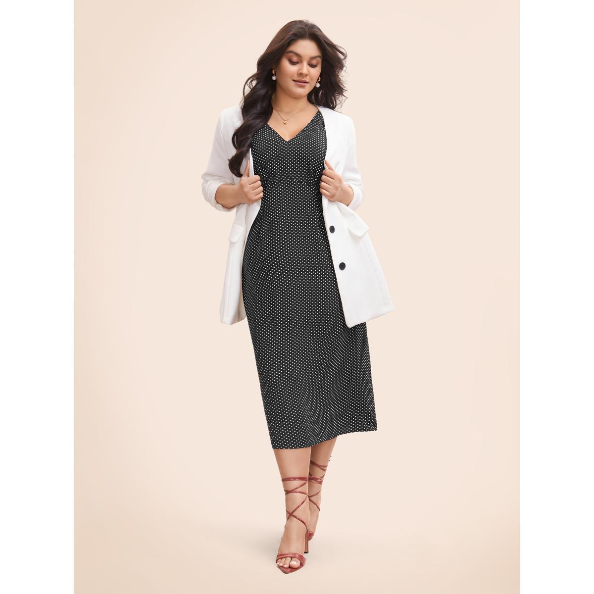 Plus Size V Neck Polka Dot Midi Dress Black Women Elegant Gathered V-neck Sleeveless Curvy BloomChic 14-16/1X Product Image