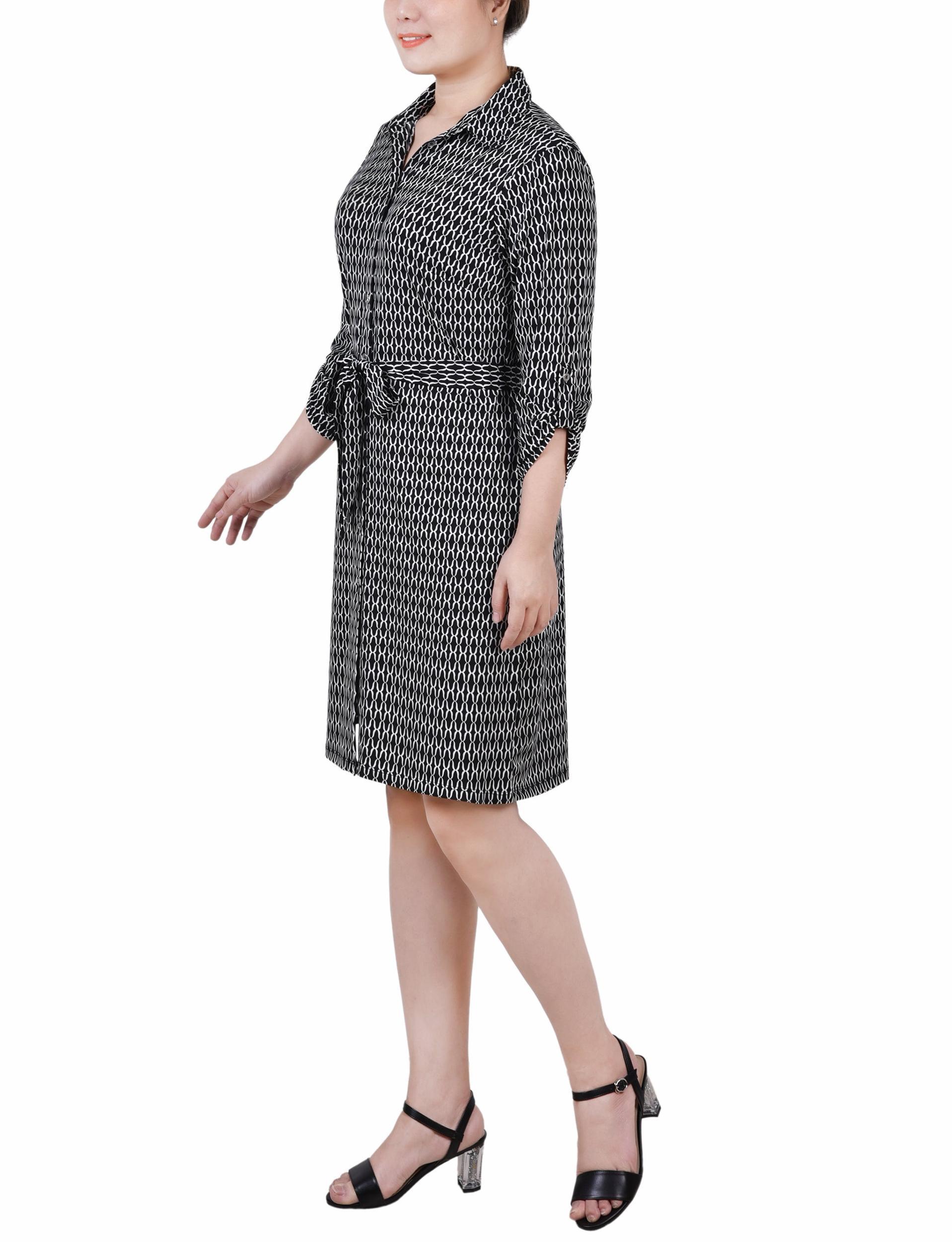 Black White Justin 3/4 Roll Tab Sleeve Collared Dress - Petite Product Image