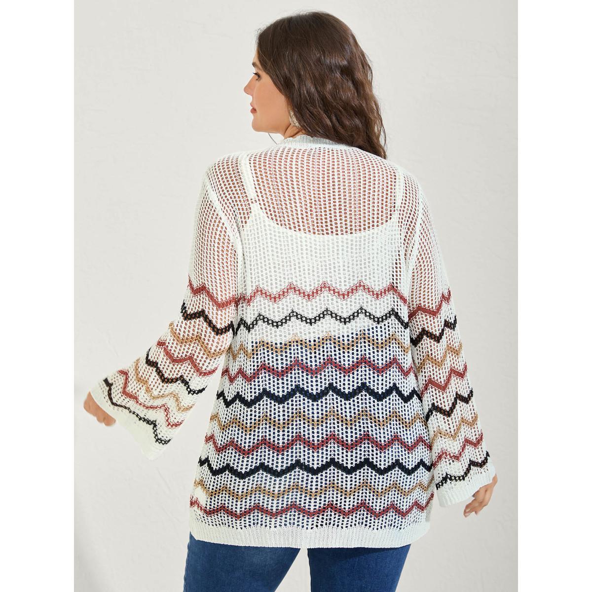Plus Size Irregular Stripes Front Double Tie Lightweight Cardigan Ivory Women Loose Sleeveless Vacation Cardigans BloomChic 14-16/1X Product Image