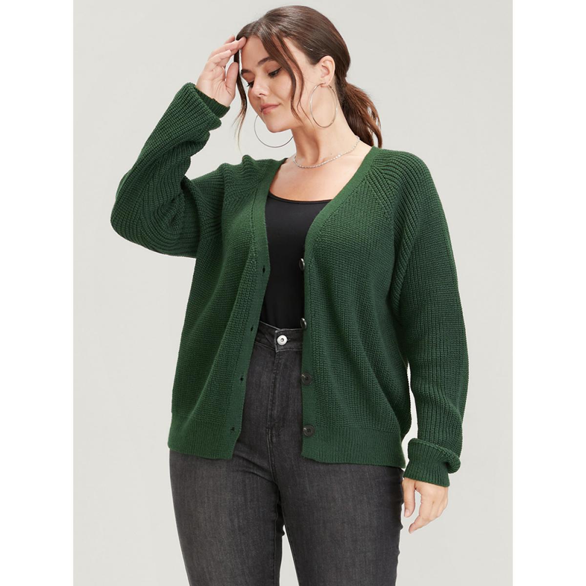Plus Size Solid Pointelle Knit Raglan Sleeve Button Front Cardigan DarkGreen Women Elegant Loose Long Sleeve Dailywear Cardigans BloomChic 22-24/3X Product Image