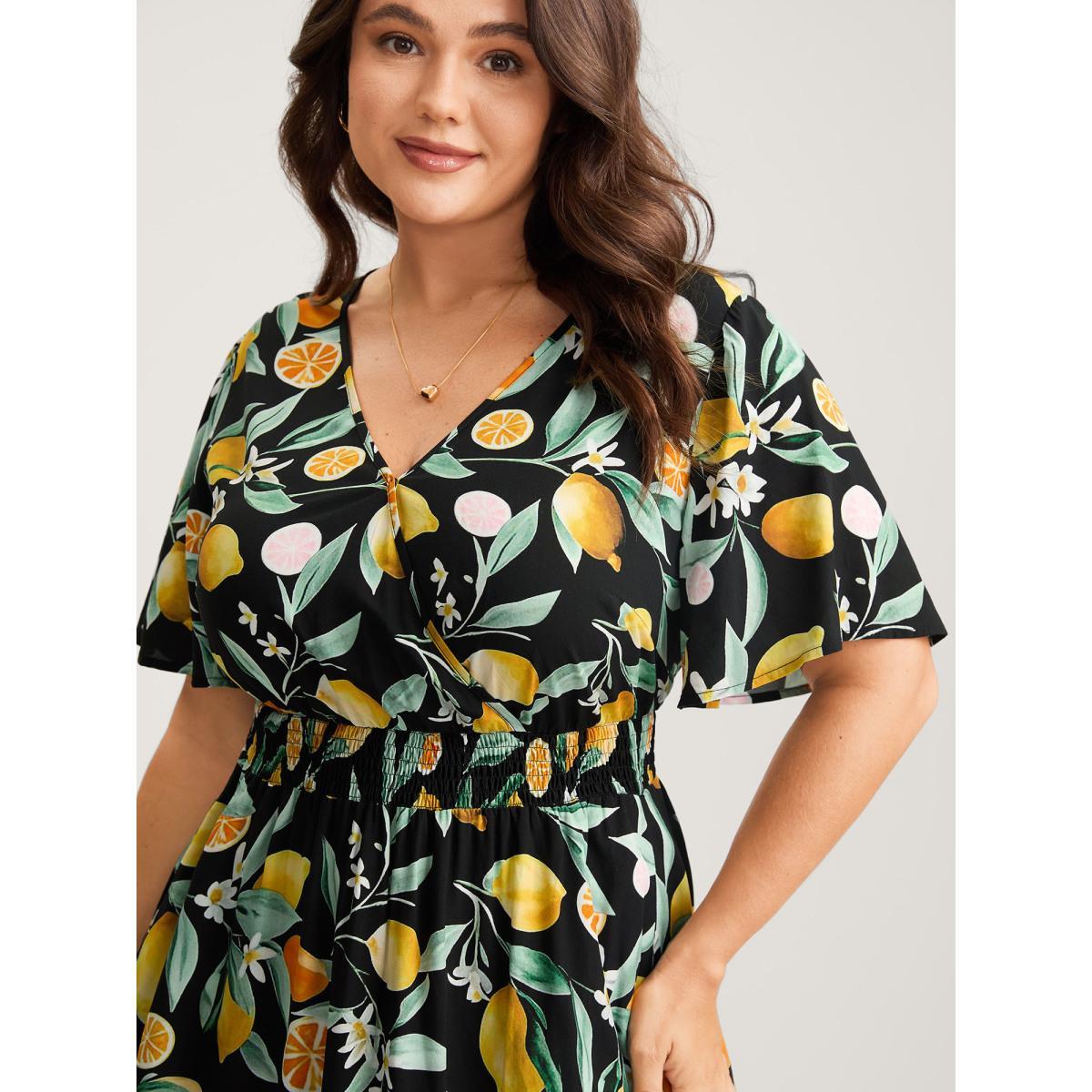 Plus Size Citrus Print Overlap Neck Shirred Midi Dress Black Women Overlap Collar Short sleeve Curvy BloomChic 10/M Product Image