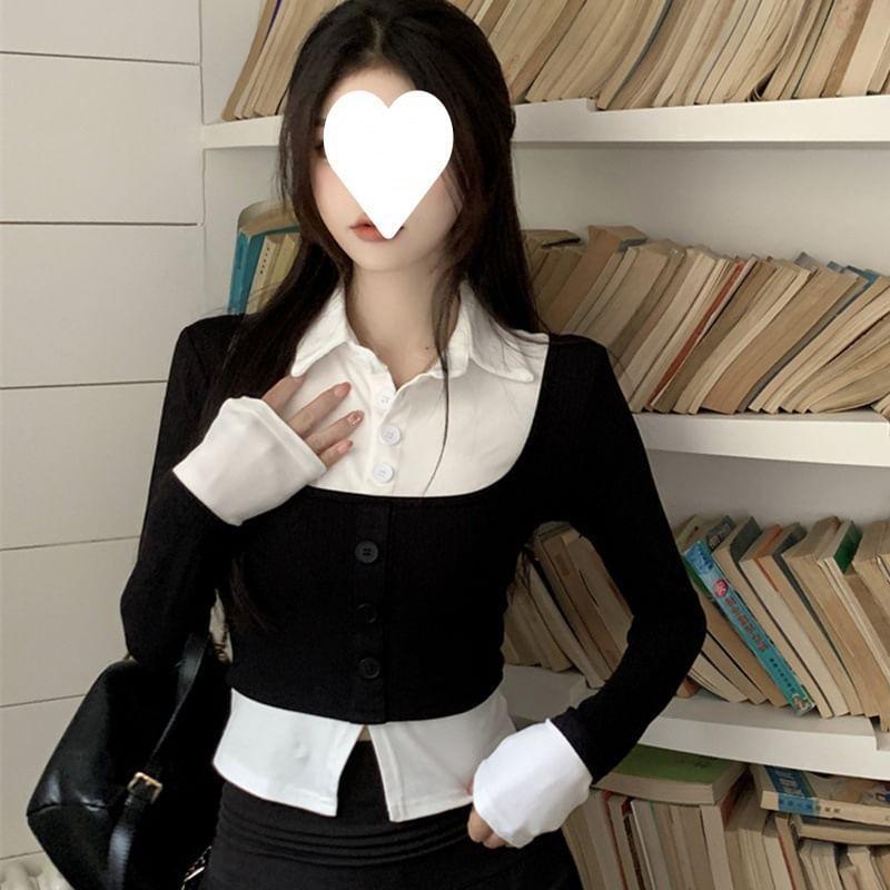 Long Sleeve Collared Mock Two Piece Button Up Crop Top Product Image