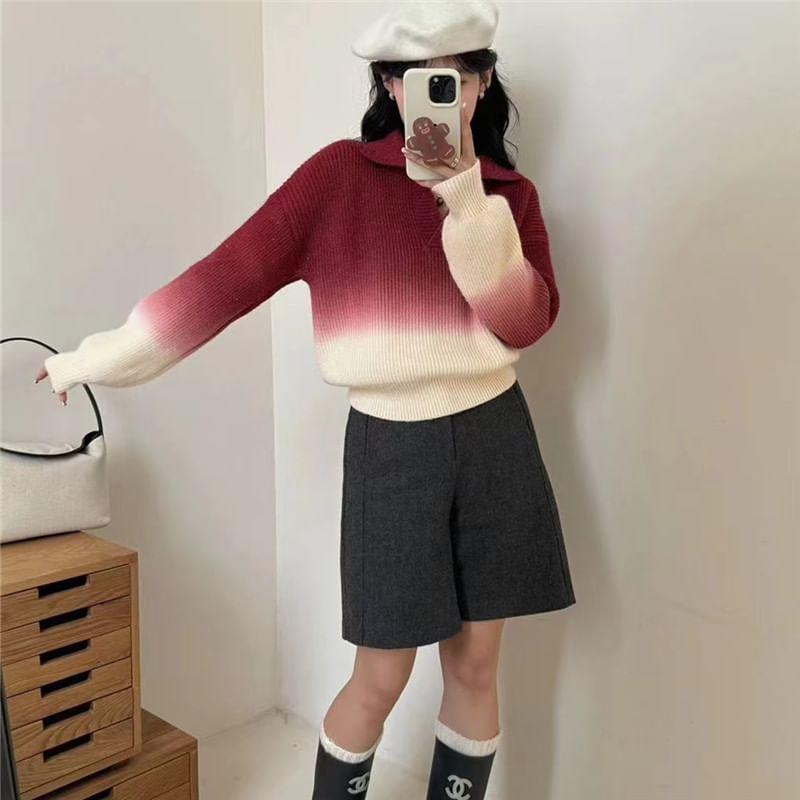 Long-Sleeve Polo-Neck Ombre Sweater Product Image