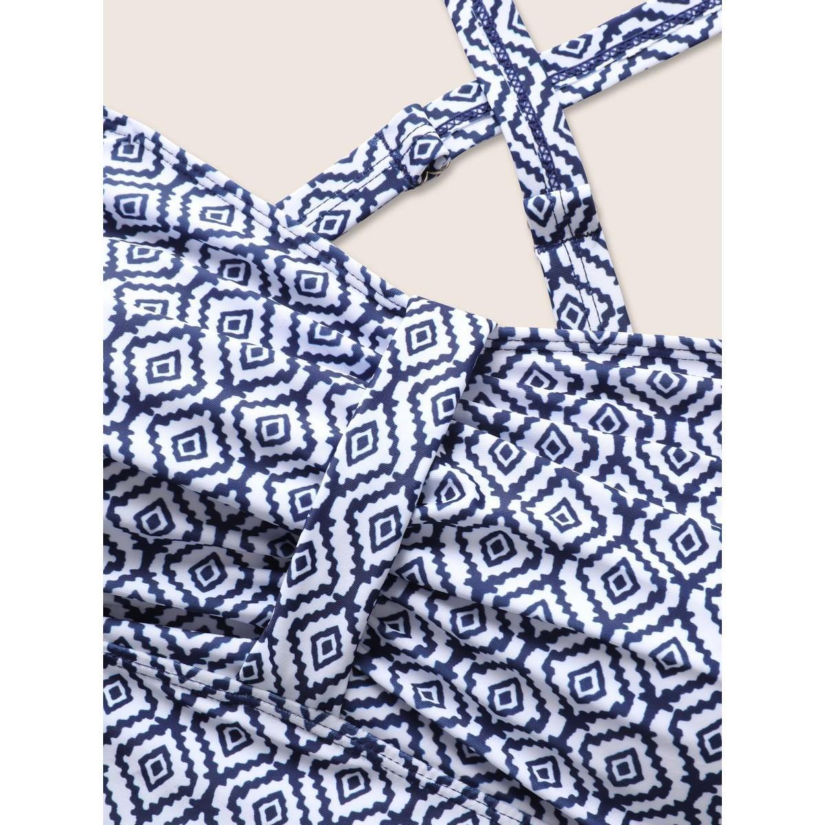 Plus Size Heart Neckline Geometric Ruched Swim Top Women's Swimwear Indigo Beach Gathered High stretch Bodycon Heart neckline Curve Swim Tops BloomChic 18-20/2X Product Image