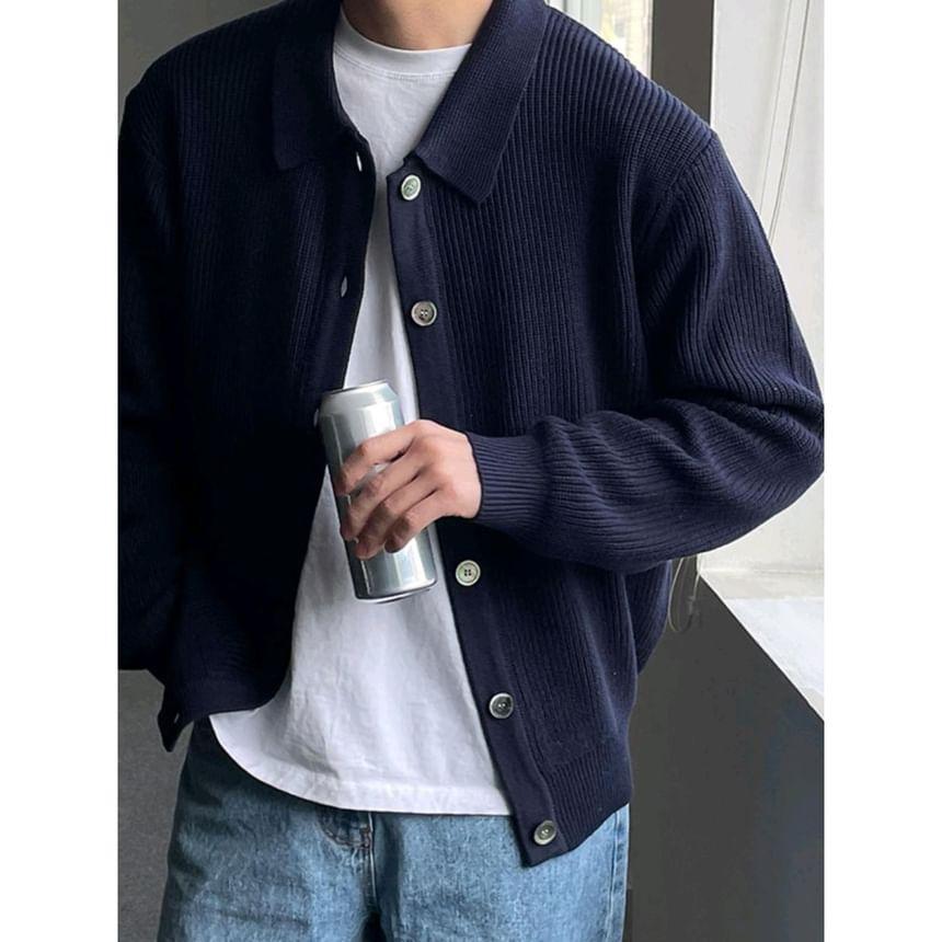 Collar Plain Ribbed Cardigan Product Image