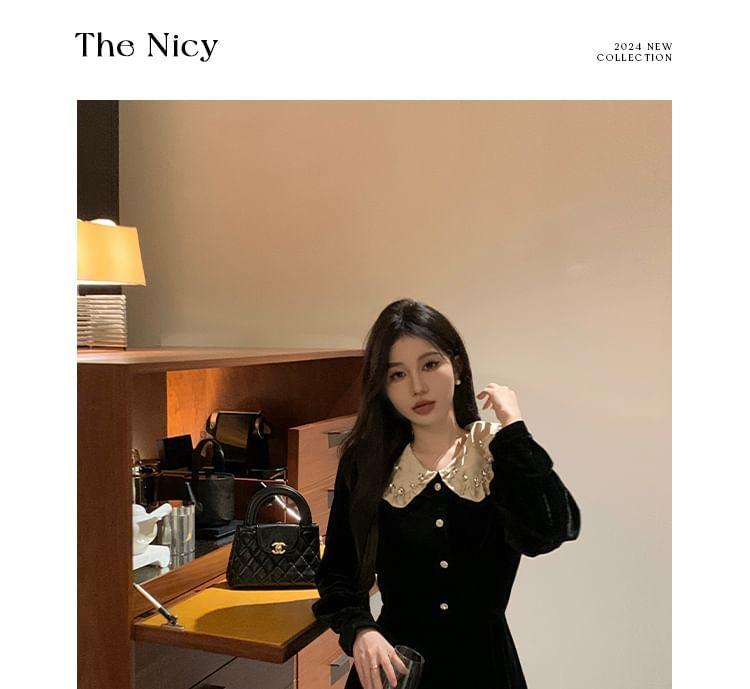 Long-Sleeve Peter Pan Collar Two Tone Rhinestone Accent Velvet Mini A-Line Dress Product Image