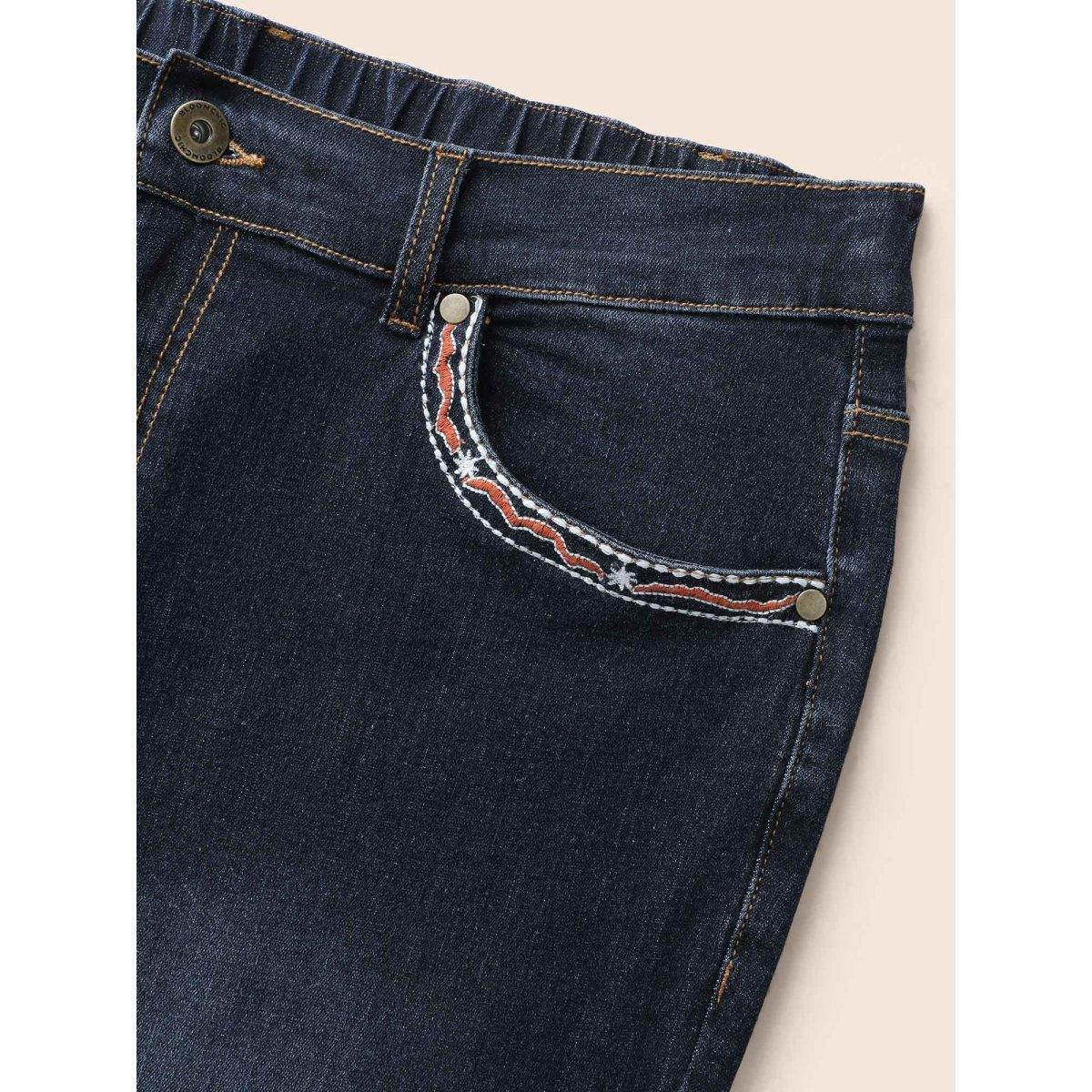 Plus Size Stretch Denim Front Embroided Pockets Flare Jeans Women Darkindigo Casual Embroidered Medium stretch Slanted pocket Jeans BloomChic 16/1X Product Image