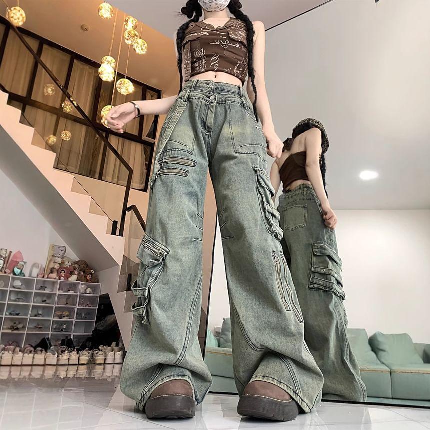 Mid Waist Washed Wide Leg Cargo Jeans Product Image