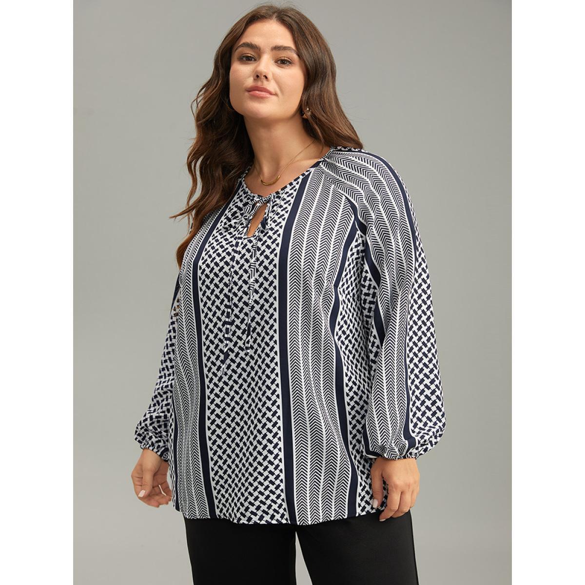 Plus Size Indigo Geo Striped Tie Lantern Sleeve Blouse Women Resort Long Sleeve Tie Neck Vacation Blouses BloomChic 18-20/2X Product Image