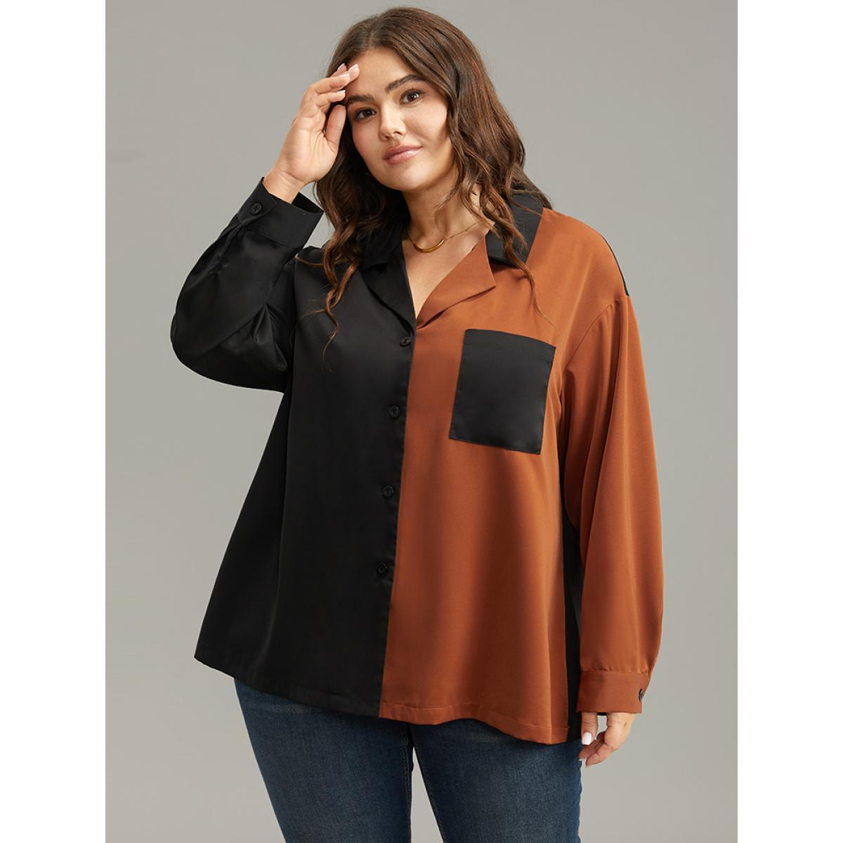 Plus Size Black Anti-Wrinkle Two Tone Patched Pocket Blouse Women Work From Home Long Sleeve Shirt collar Work Blouses BloomChic 28/5X Product Image
