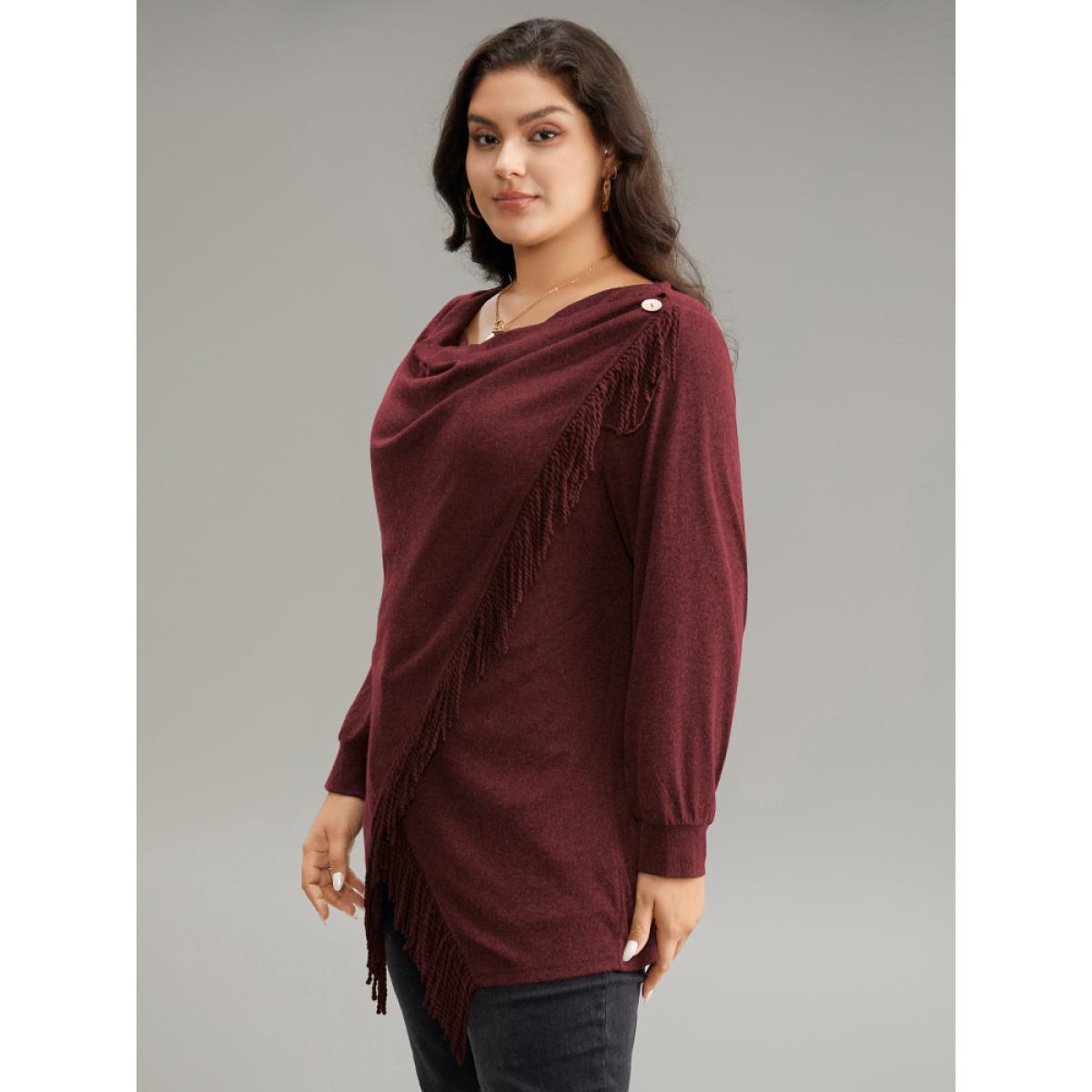 Plus Size Cowl Neck Tassels Button Detail Wrap Sweatshirt Women Burgundy Elegant Wrap Cowl Neck Everyday Sweatshirts BloomChic 28/5X Product Image
