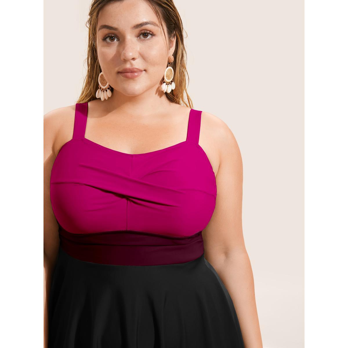 Plus Size Twist Front Patchwork Adjustable Straps Swim Dress Women's Swimwear RedViolet Beach Bodycon Heart neckline High stretch Curve Swim Dresses BloomChic 18-20/2X Product Image