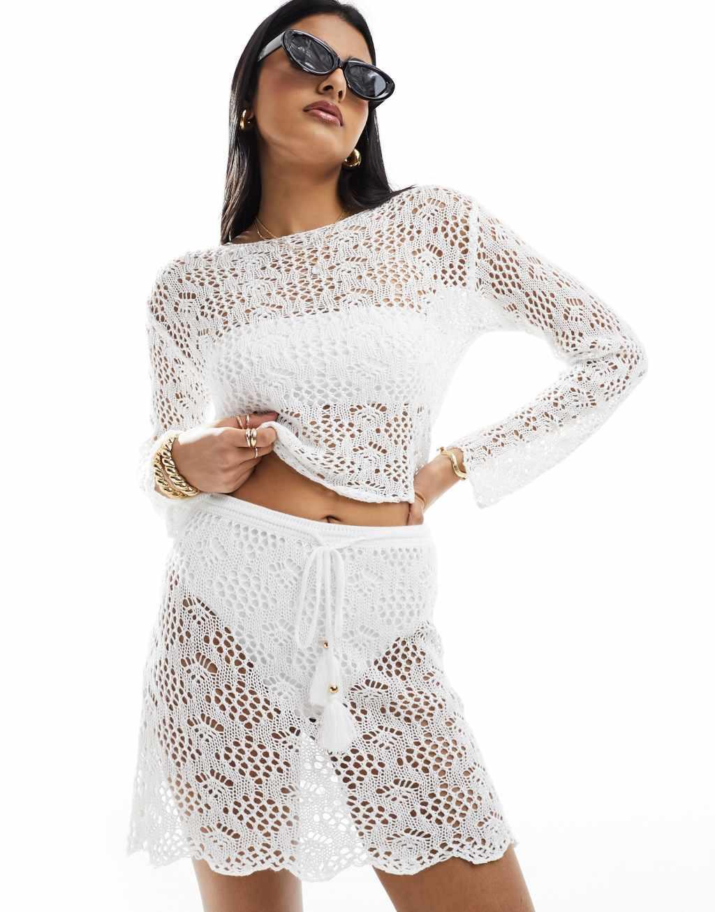 Miss Selfridge crochet flippy mini skirt set in cream Product Image