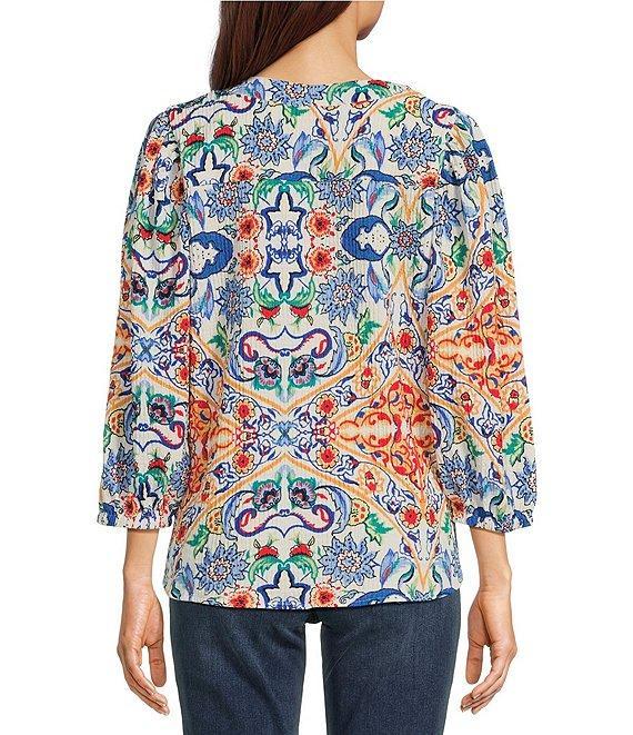 Calessa Textured Crinkle Knit Florentine Mosaic Print Banded Split V-Neck Long Balloon Sleeve Tunic Product Image