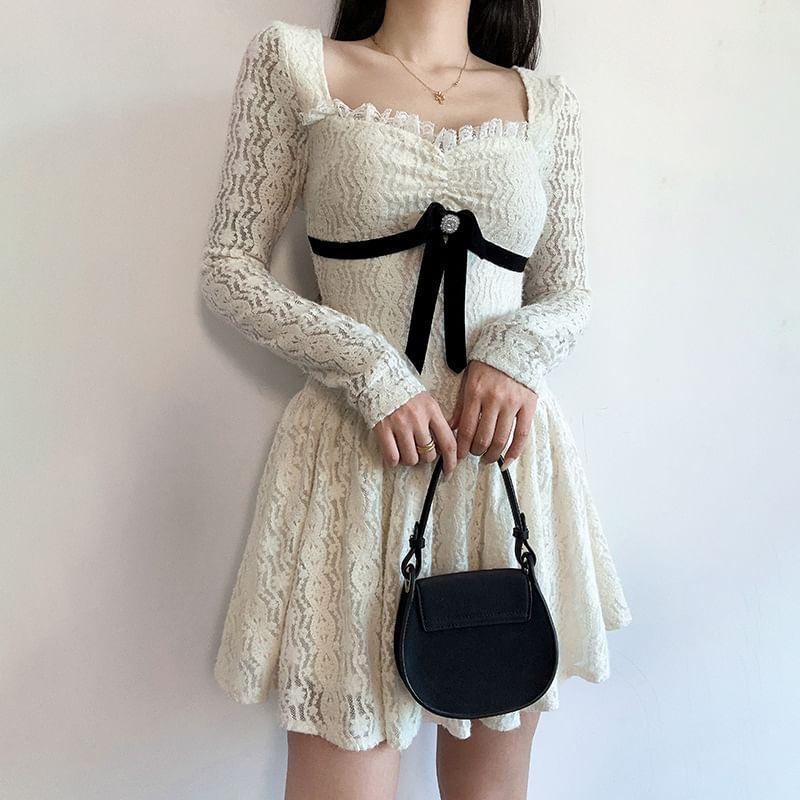 Long Sleeve Square-Neck Ruffled-Trim Plain Bow Accent Slim-Fit Mini A-Line Dress Product Image