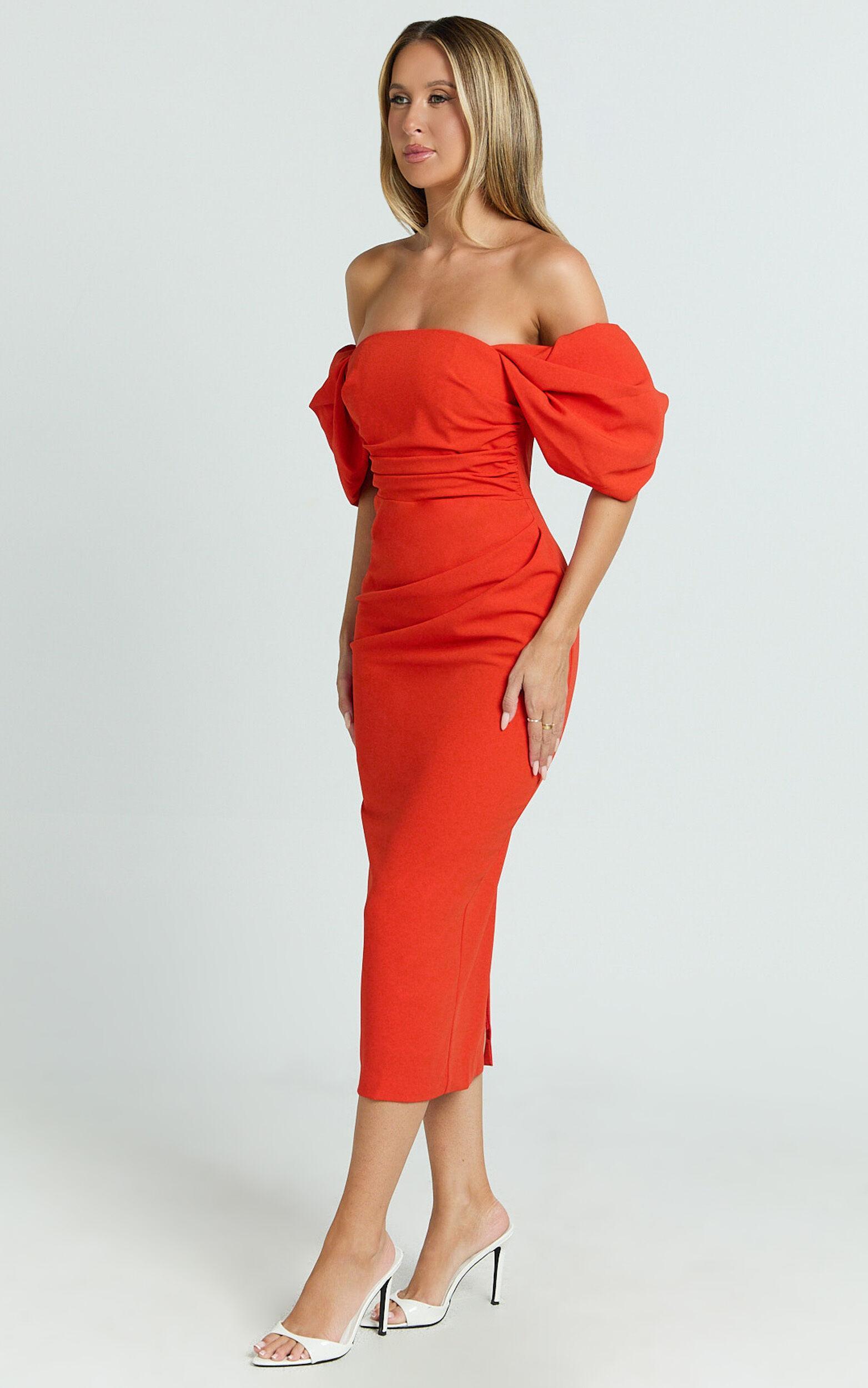 Lohan Midi Dress - Off Shoulder Puff Sleeve in Orange Product Image