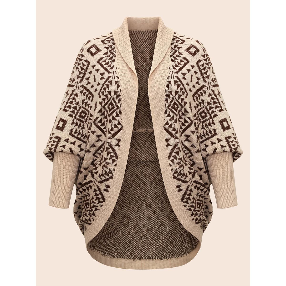 Plus Size Bandana Geometric Dolman Sleeve Cardigan DarkBrown Women Casual Loose Long Sleeve Everyday Cardigans BloomChic 28/5X Product Image
