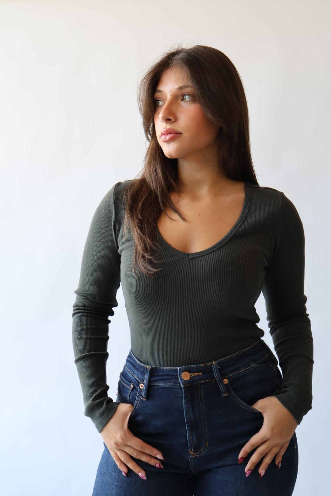 Marlowe Ribbed V Neck Fitted Top Product Image