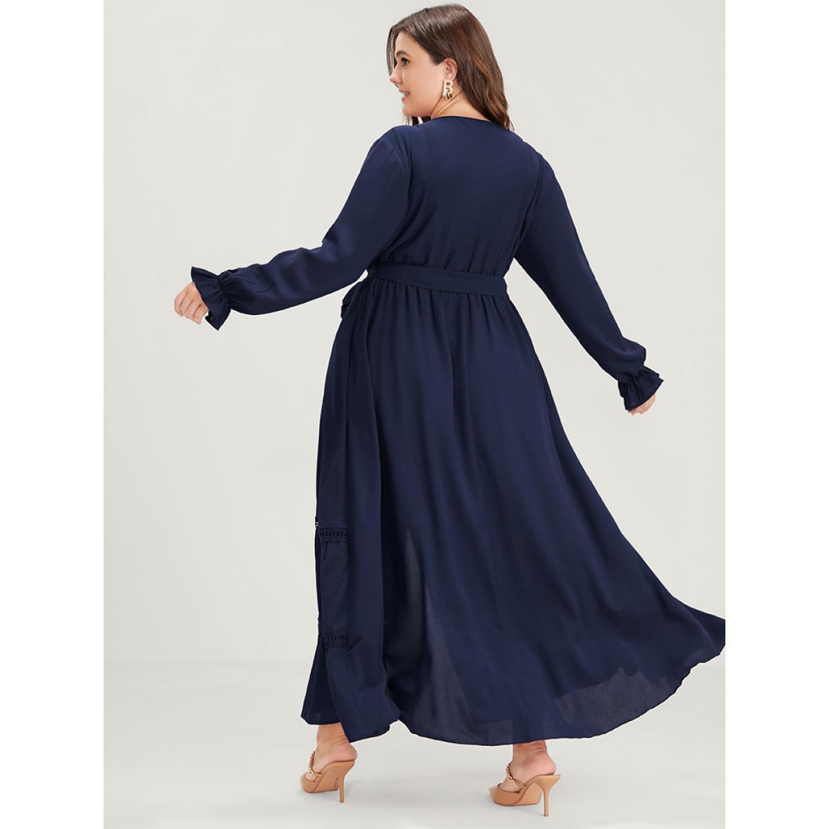 Plus Size Solid Lantern Sleeve Crochet Lace Button Ties Belted Maxi Dress DarkBlue Women Elegant Plain V-neck Long Sleeve Curvy Long Dress BloomChic 12/L Product Image