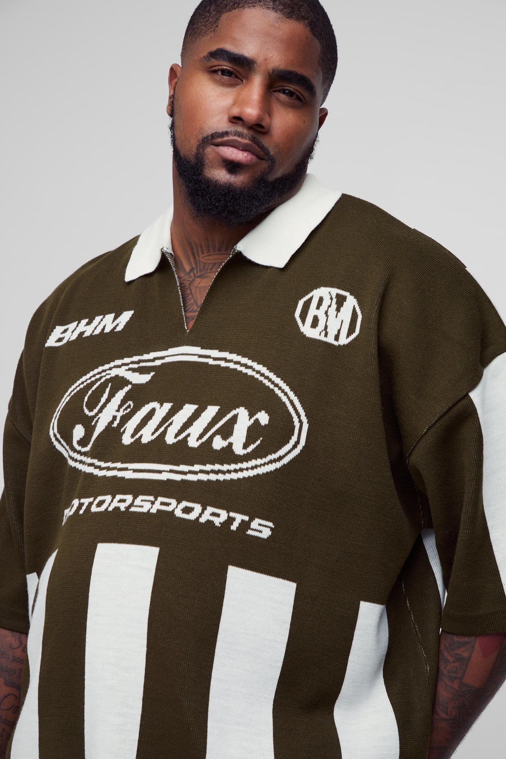 Plus Oversized Boxy Football Knitted Polo | boohooMAN USA Product Image