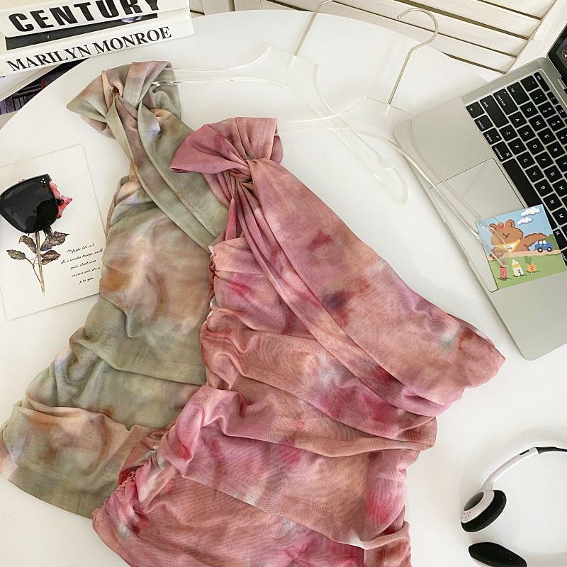 Sleeveless One Shoulder Tie Dye Ruched Tie Front Crop Top Product Image