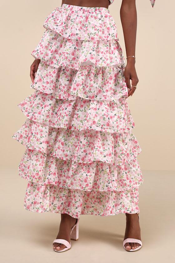 Wild Hearts Ivory Multi Floral Tiered Midi Skirt Product Image