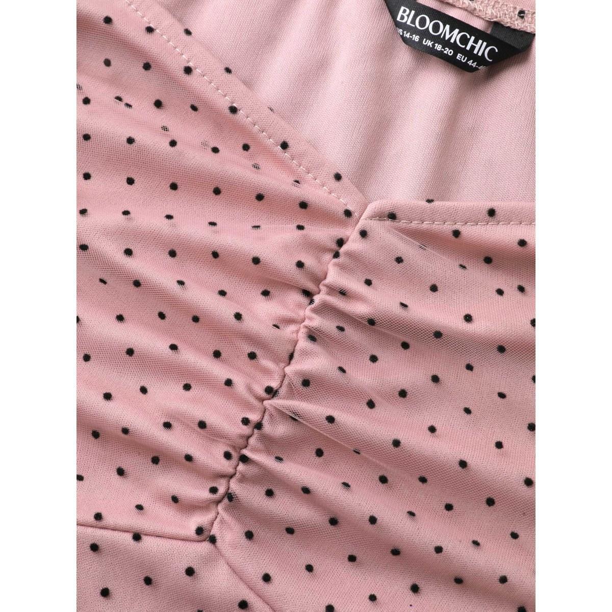 Plus Size Polka Dot Print Ruched Textured Midi Dress DustyPink Women Heart neckline Short sleeve Curvy BloomChic 12/L Product Image