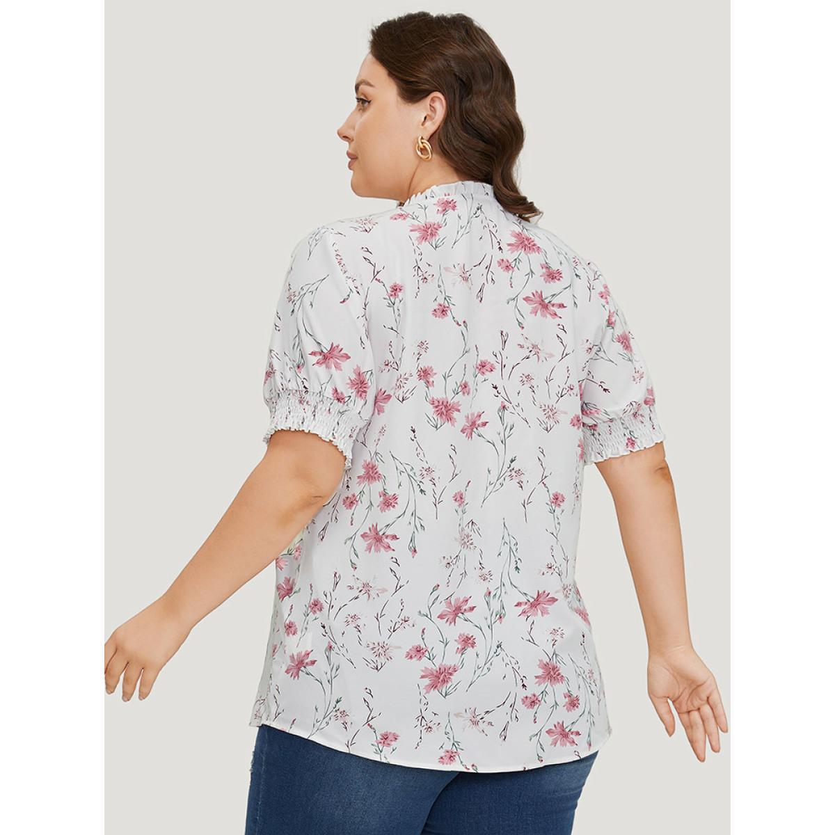 Plus Size White Floral Knot Frill Trim Shirred Lantern Sleeve Blouse Women Elegant Short sleeve Tie Neck Dailywear Blouses BloomChic 26/4X Product Image