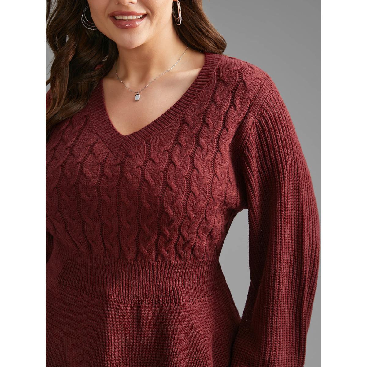 Plus Size V Neck Texture Cable Knit Pullover Burgundy Women Casual Bodycon Long Sleeve V-neck Everyday Pullovers BloomChic 12/L Product Image