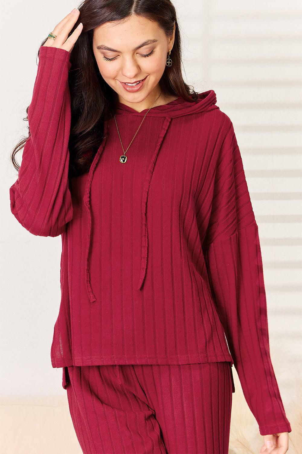 Basic Bae Full Size Ribbed Drawstring Hooded Top and Straight Pants Set Product Image