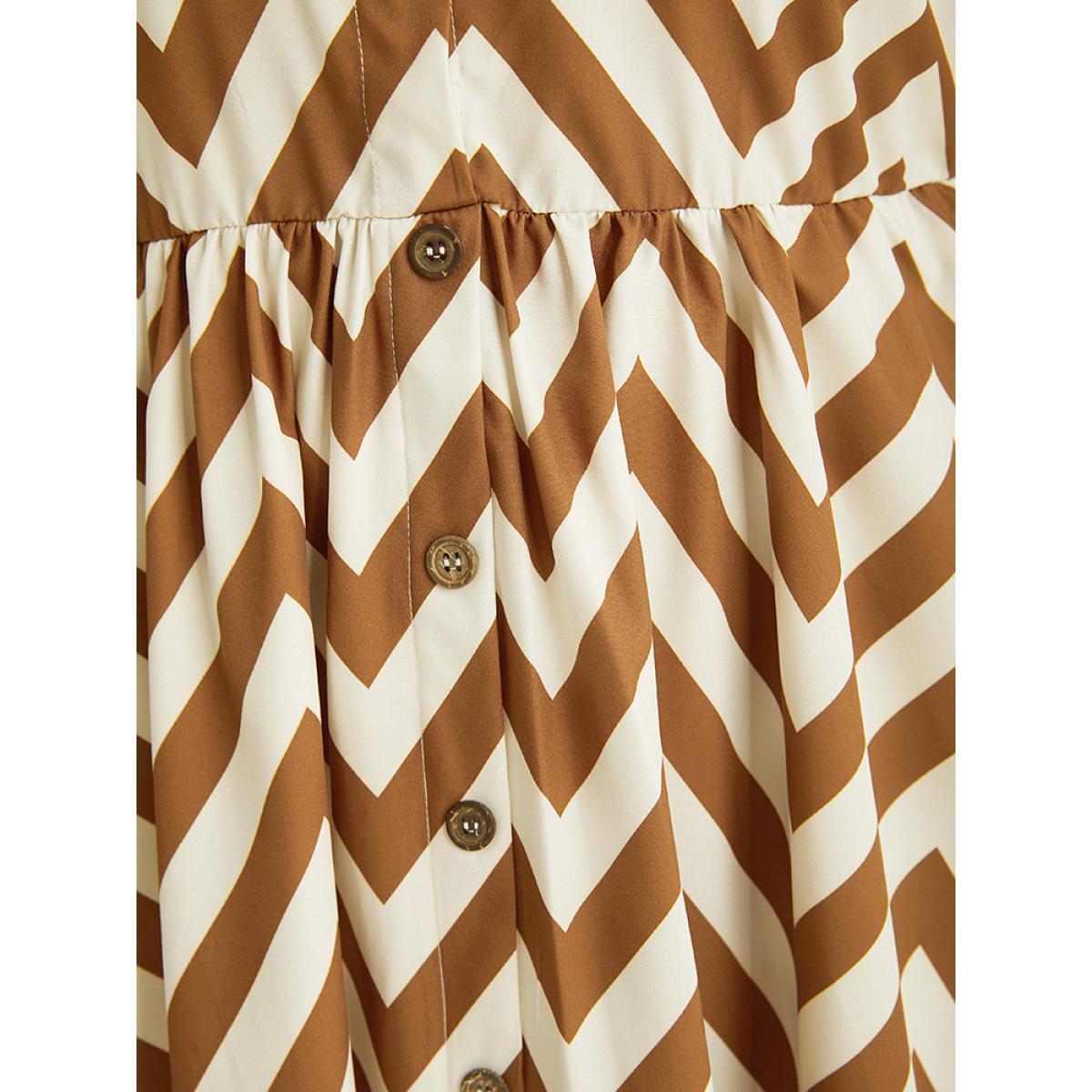 Plus Size Geometric Print Shirt Collar Button Through Dress Bronze Women Office Printed Shirt collar Short sleeve Curvy Midi Dress BloomChic 18-20/2X Product Image