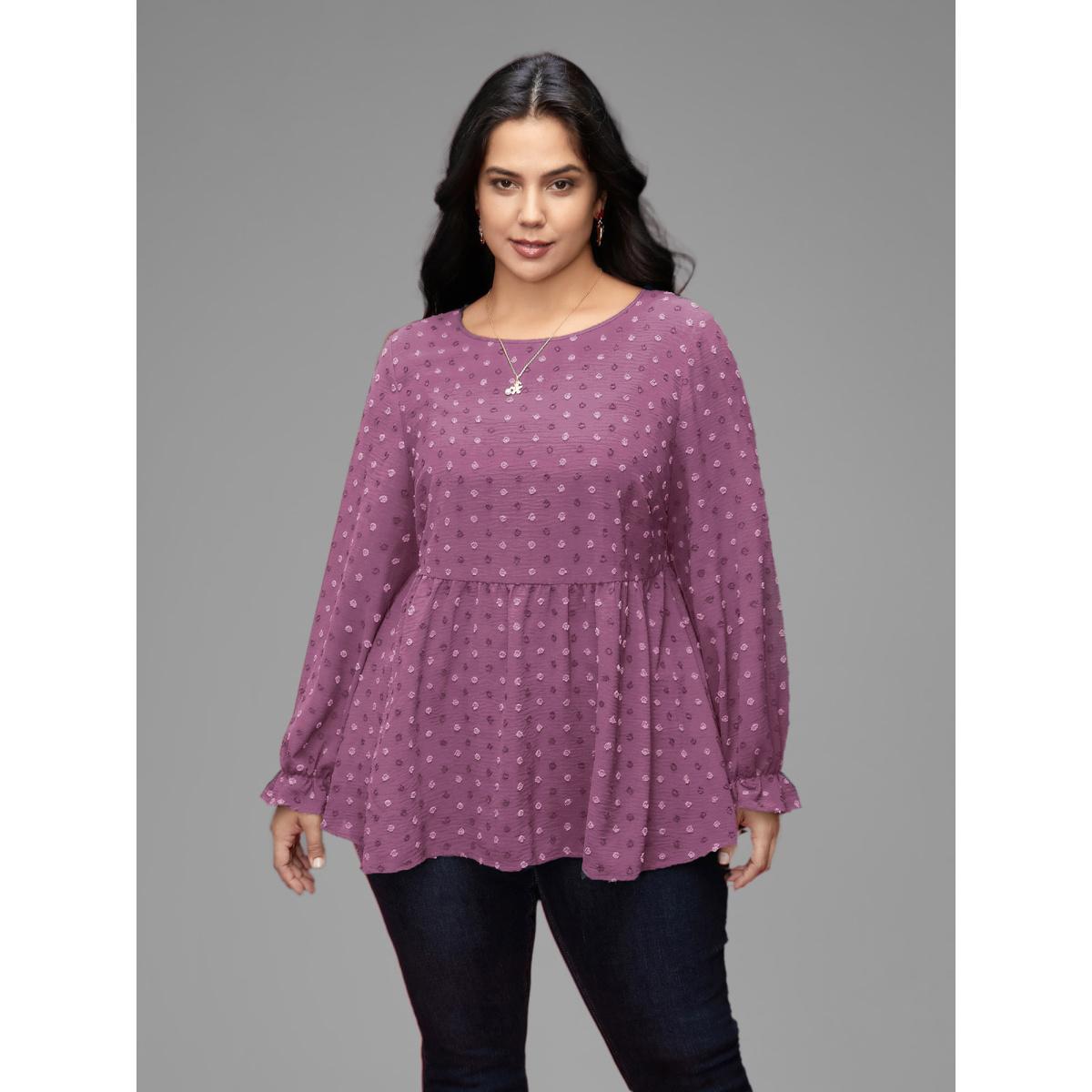 Plus Size Lilac Textured Dot Elastic Cuffs A-line Blouse Women Casual Long Sleeve Round Neck Everyday Blouses BloomChic 10/M Product Image