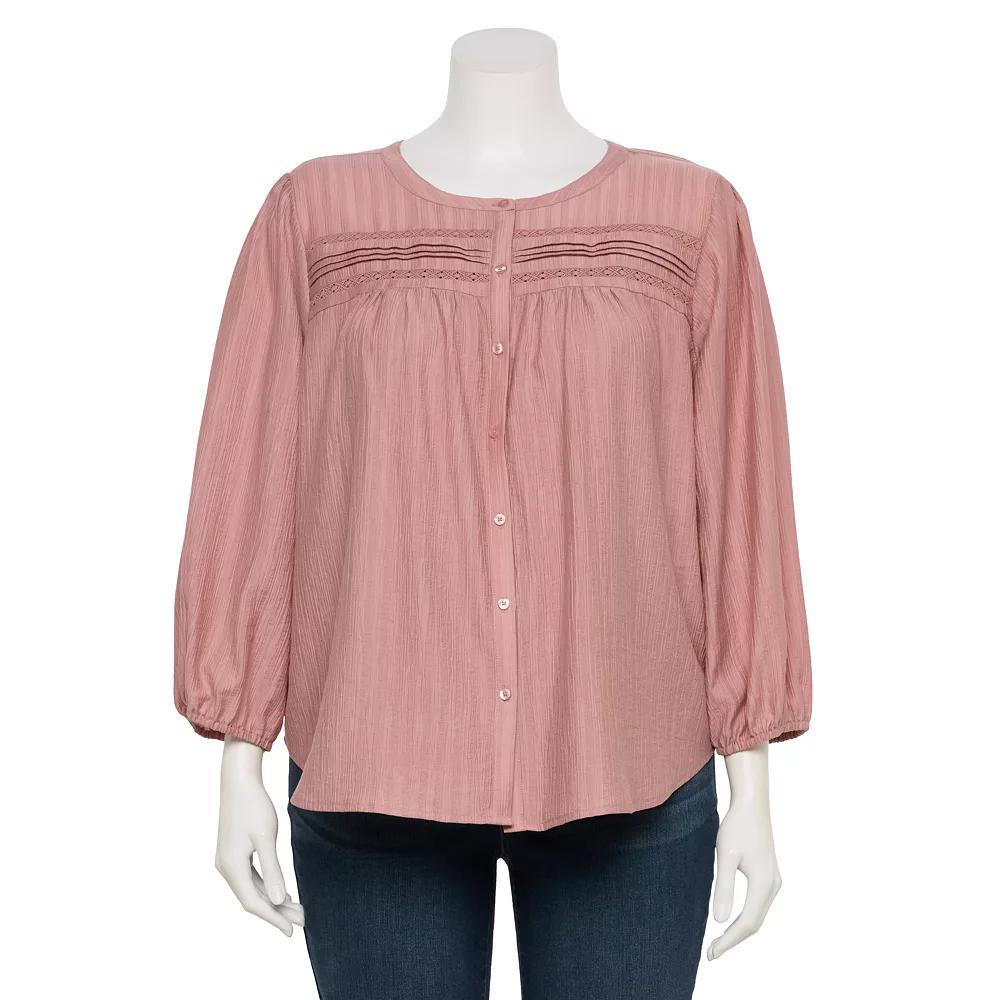 Plus Size LC Lauren Conrad Lace Insert Button Front Top, Women's, Size: 1XL, Purple Silk Product Image