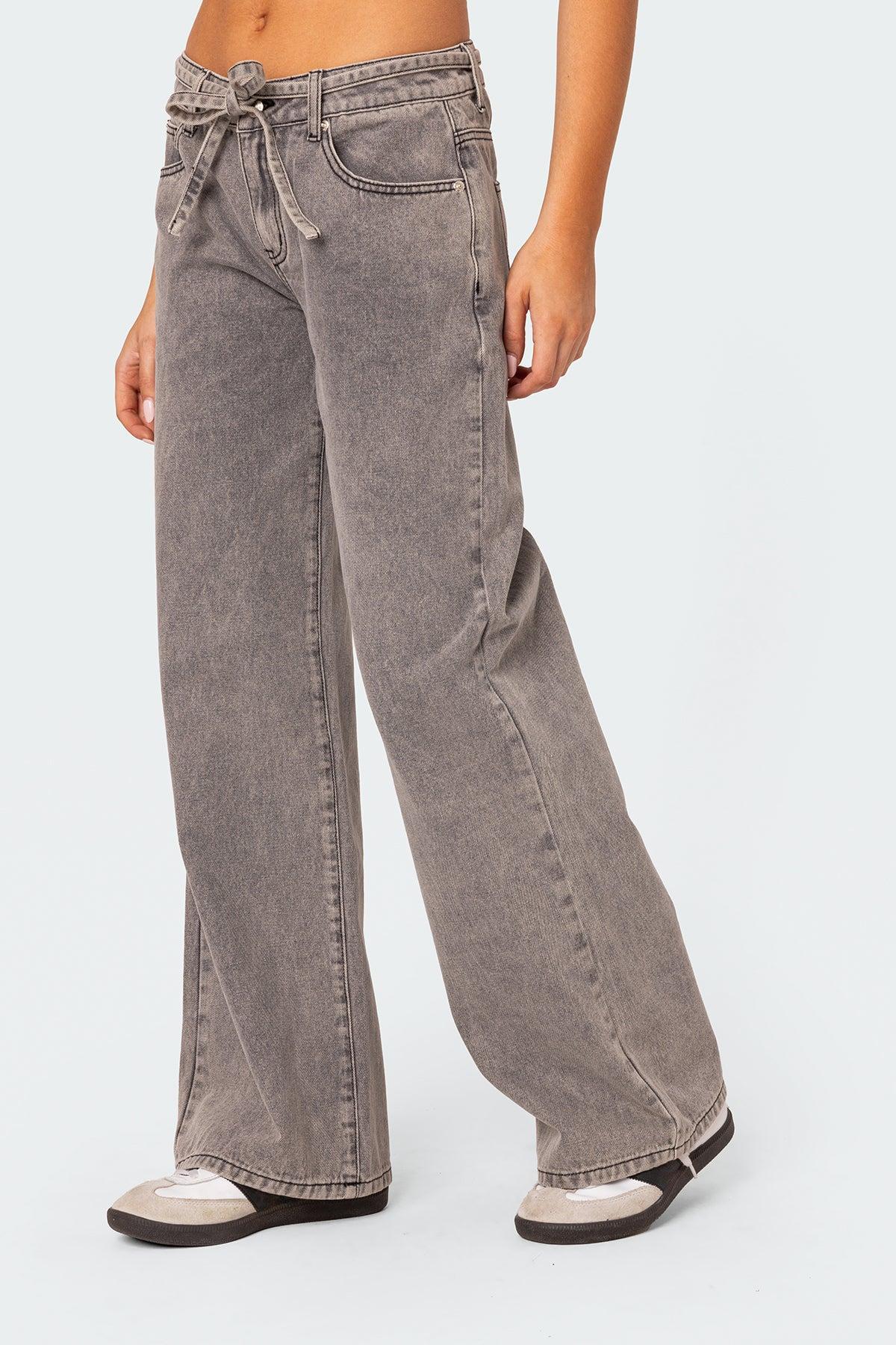 Tie Waist Washed Low Rise Jeans Product Image