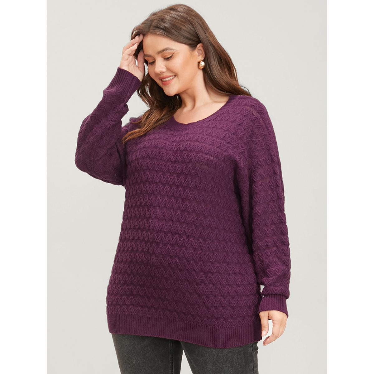 Plus Size Solid Geometric Pointelle Knit Round Neck Knit Top Eggplant Women Elegant Loose Long Sleeve Dailywear Pullovers BloomChic 14-16/1X Product Image