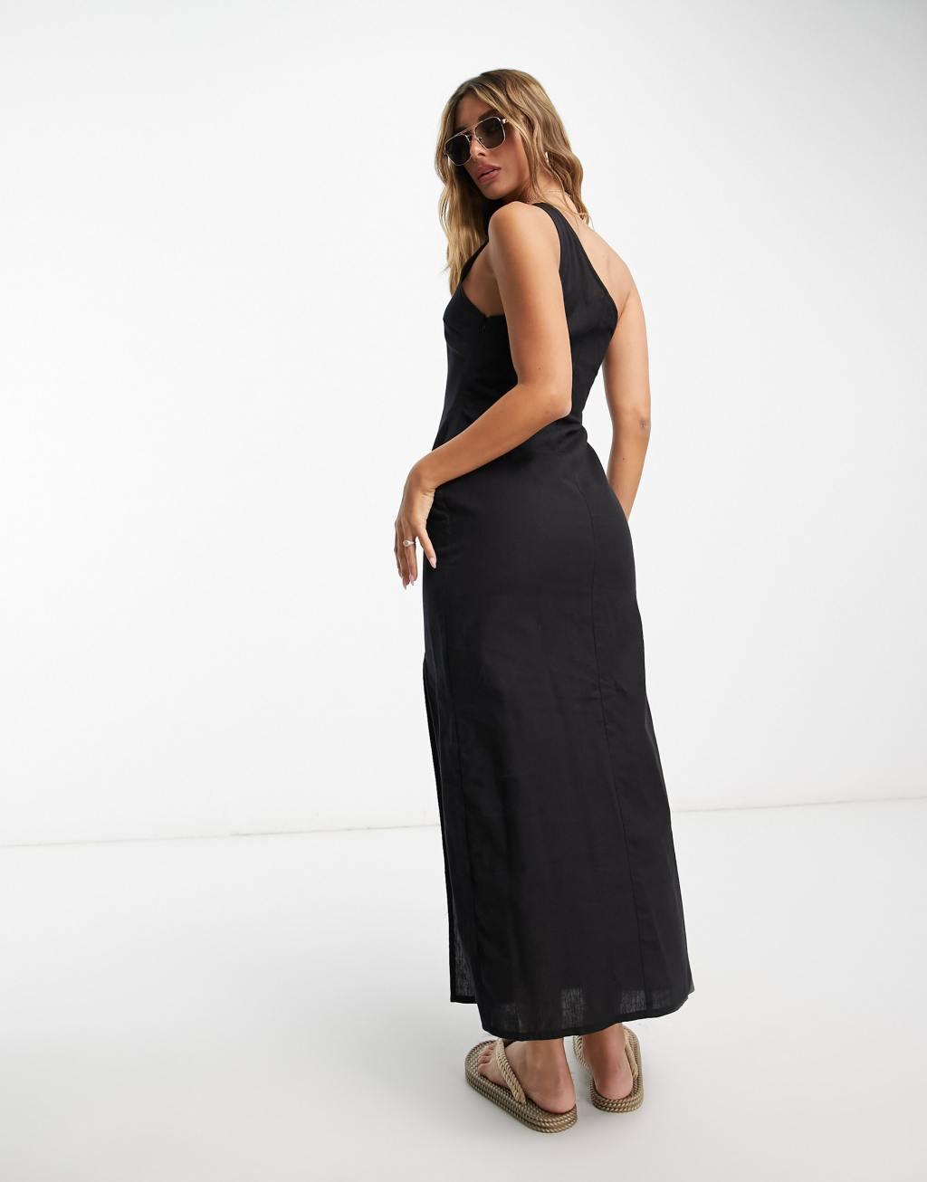 ASOS DESIGN linen one shoulder midi sundress with thigh split Product Image