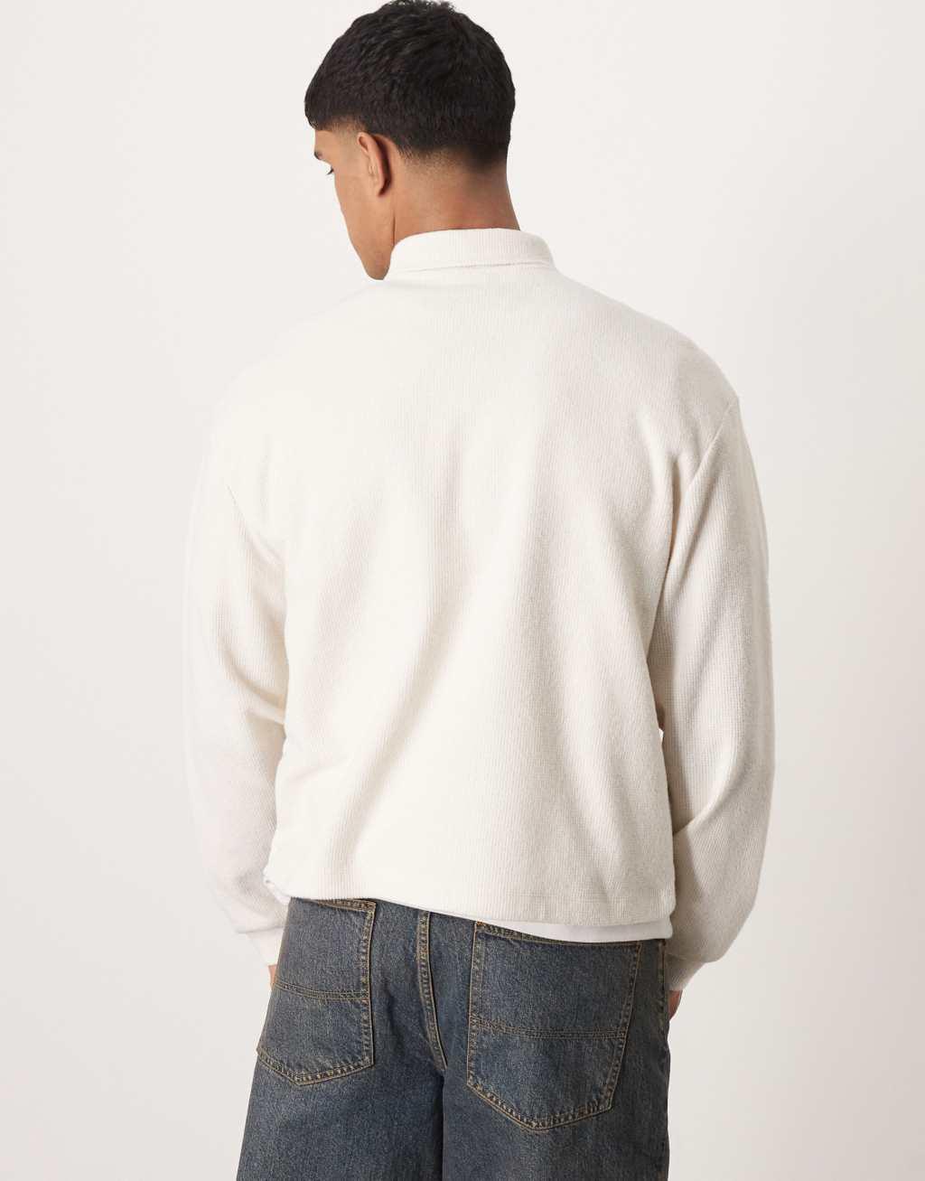 ASOS DESIGN oversized boxy lightweight sweater with henley funnel neck in brushed ecru Product Image