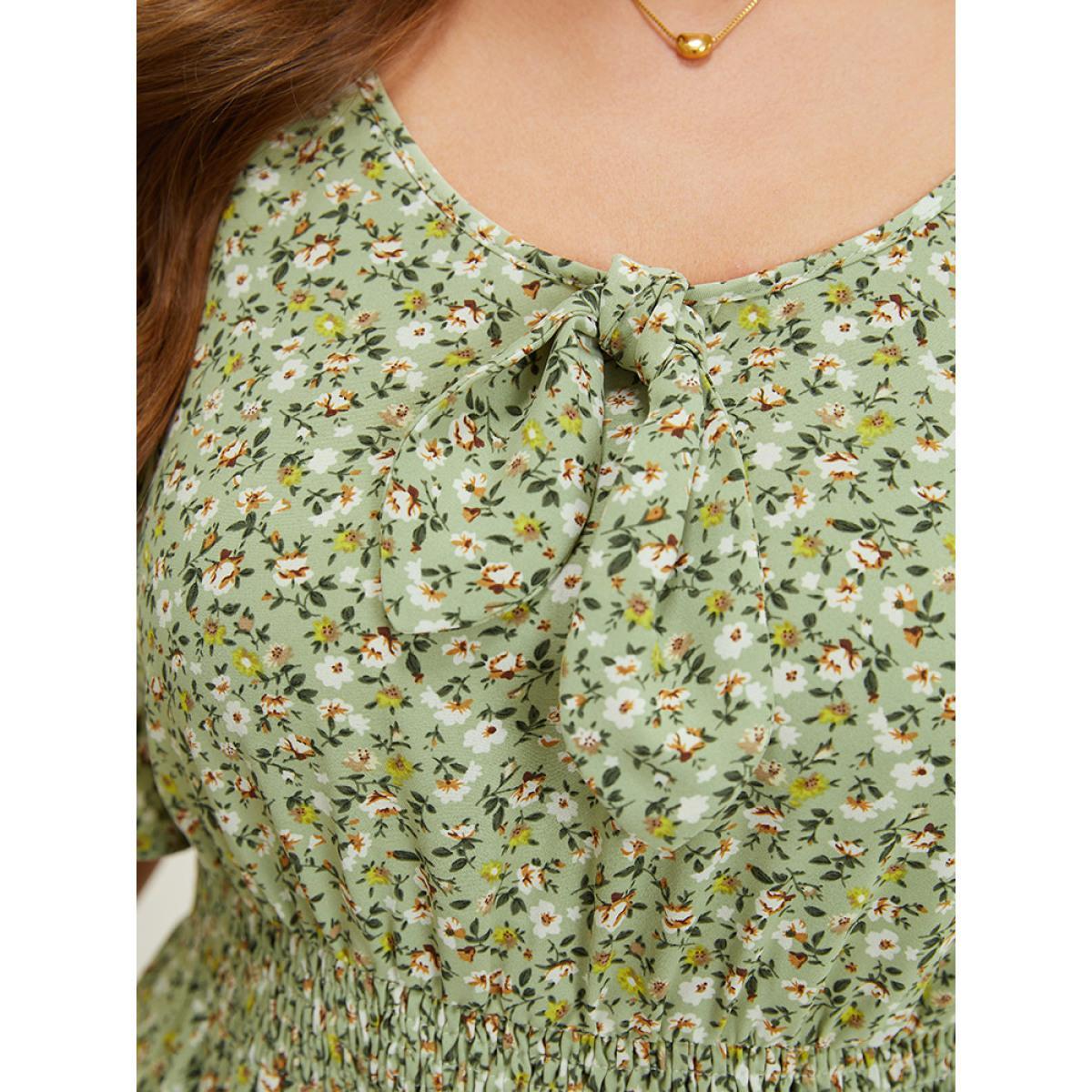 Plus Size Sage Ditsy Floral Knotted Crew Neck Shirred Ruffle Sleeve Blouse Women Elegant Short sleeve Round Neck Dailywear Blouses BloomChic 26/4X Product Image