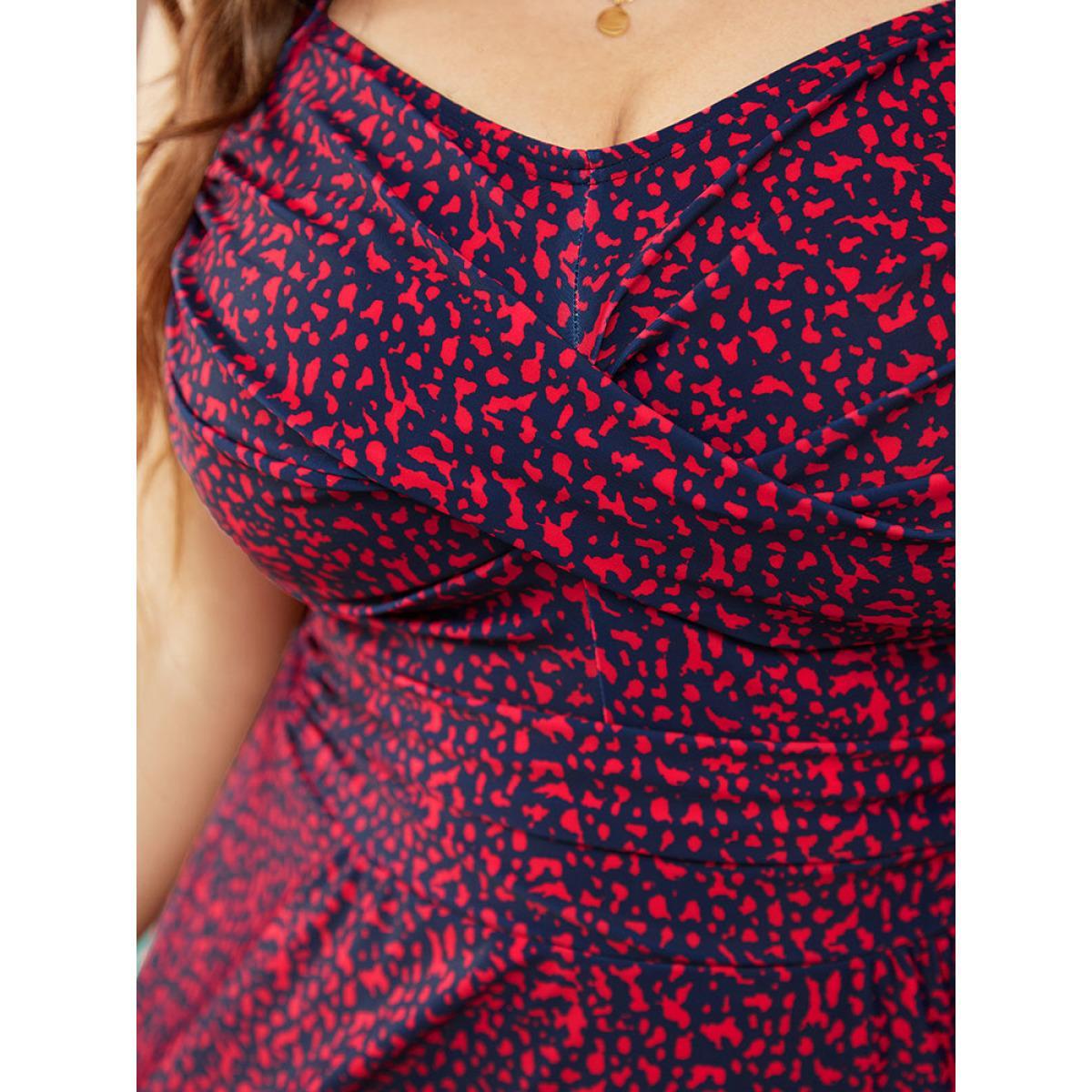 Plus Size Graphic Print Gathered Flutter Hem Crossover Swim Dress Women's Swimwear RedViolet Vacation Bodycon High stretch Curve Swim Dresses BloomChic 10/M Product Image
