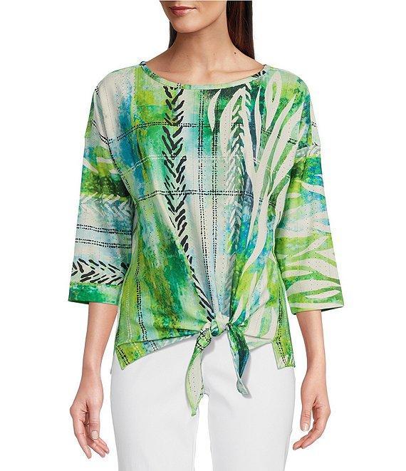 Ali Miles Textured Knit Eyelet Abstract Leopard Scoop Neck 3/4 Dolman Sleeve Top Product Image