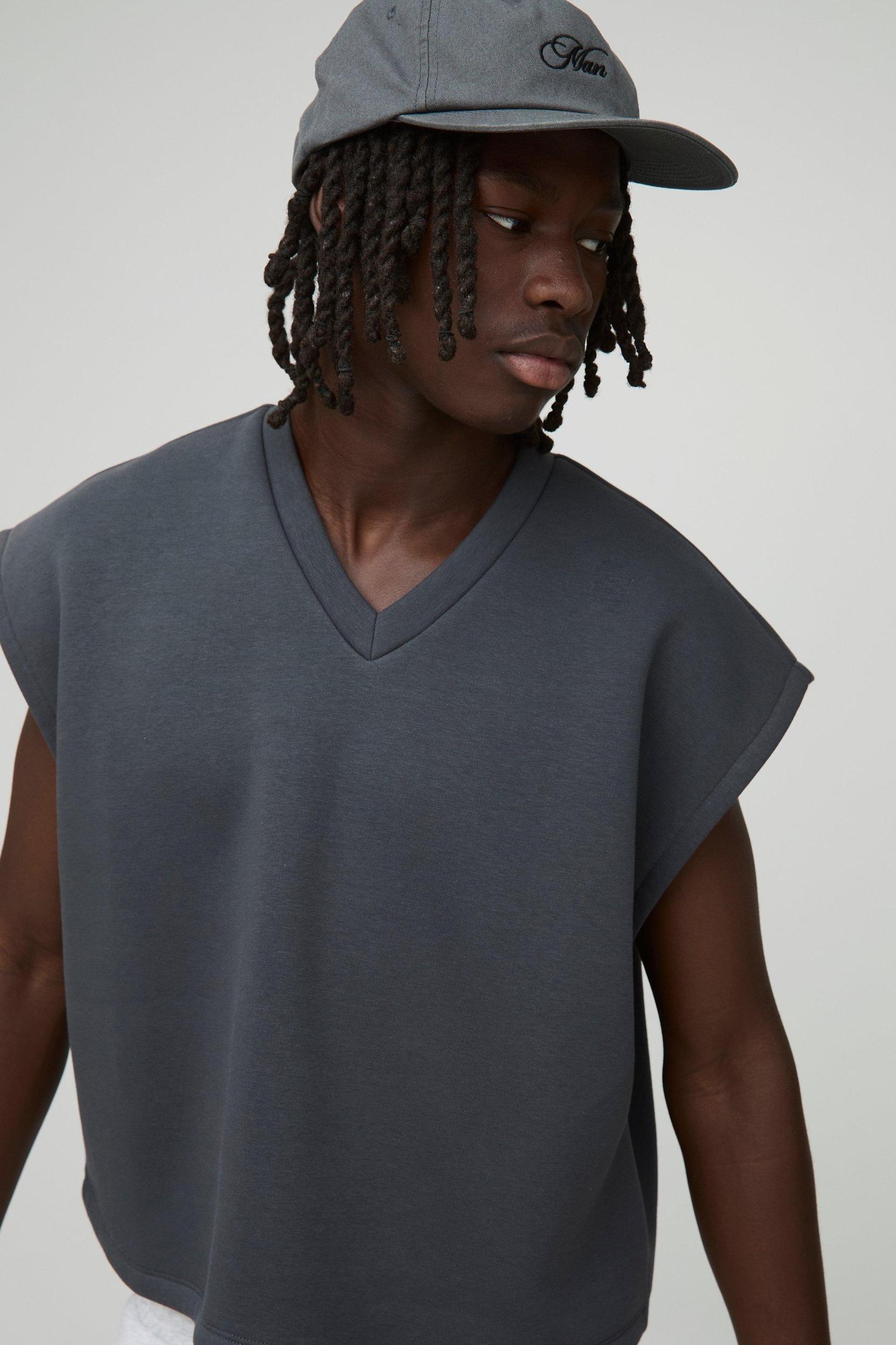 Oversized Boxy Cropped V Neck Sweatshirt Vest | boohooMAN USA Product Image