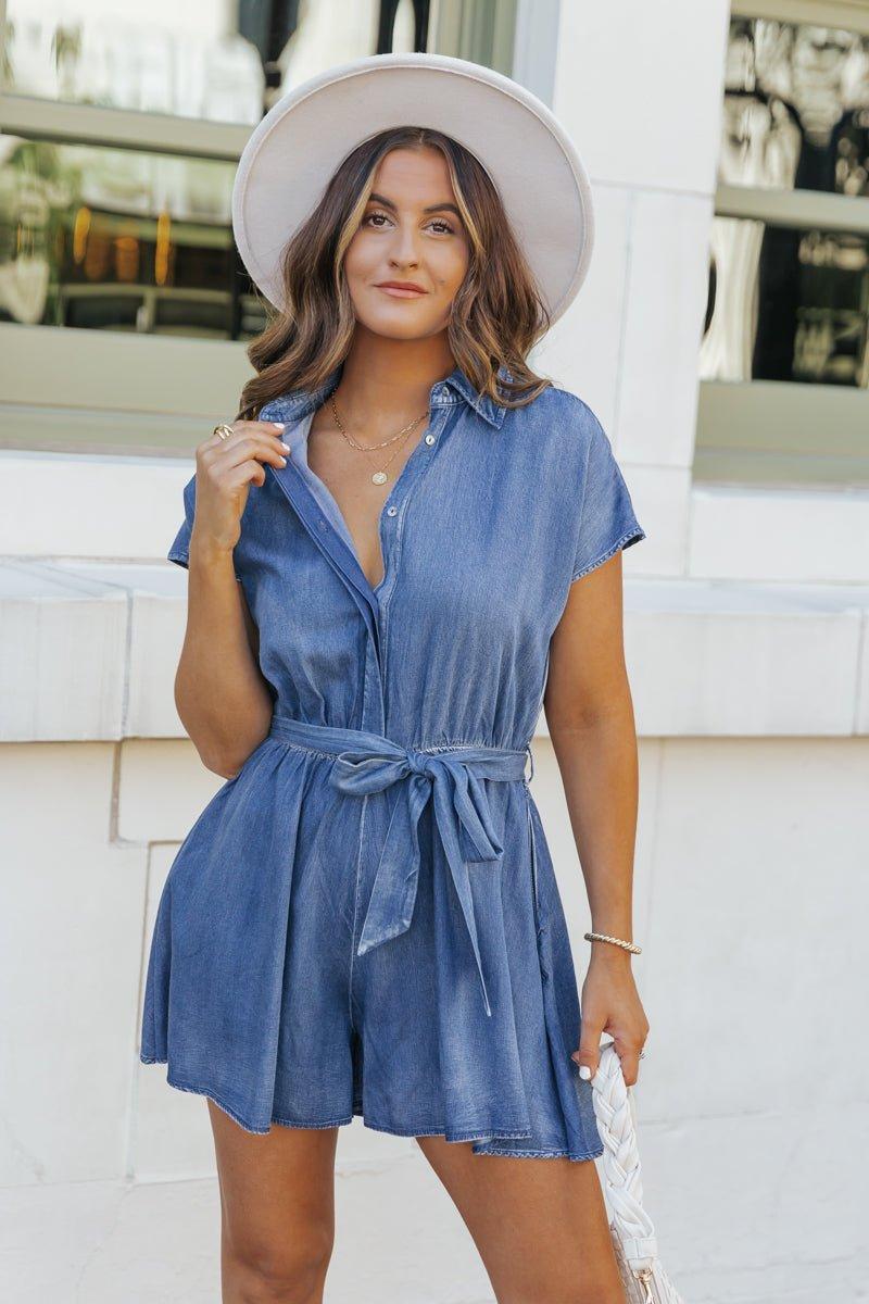 Chambray Short Sleeve Waist Tie Romper - FINAL SALE Product Image