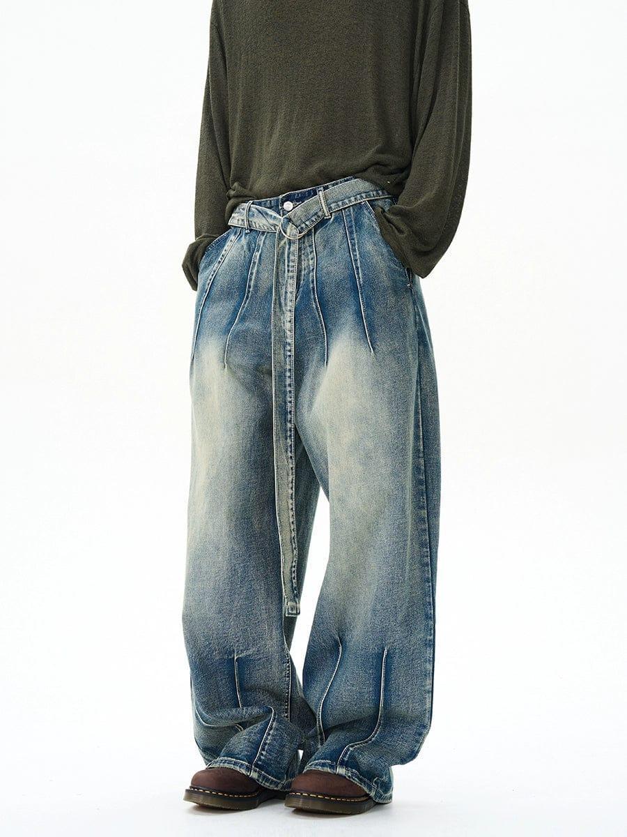 RT No. 12159 WASHED DENIM PLEATED STRAIGHT JEANS Product Image