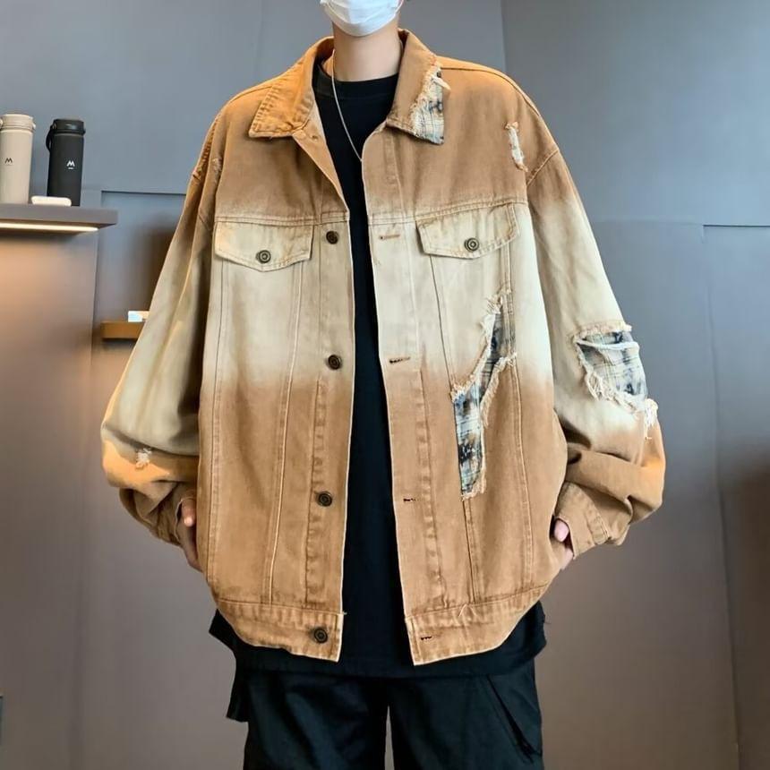 Washed Two-Tone Button-Up Denim Jacket Product Image