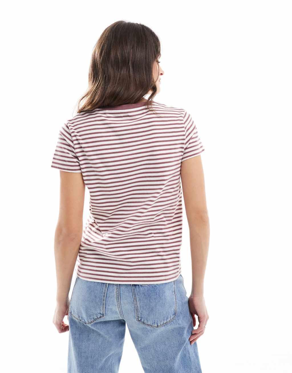 Levi's perfect v neck small batwing logo stripe t-shirt in dusky pink Product Image